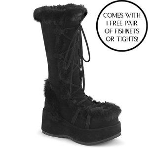 Demonia Cubby 311 Black Vegan Suede Leather Mid Calf Boot with Faux Fur